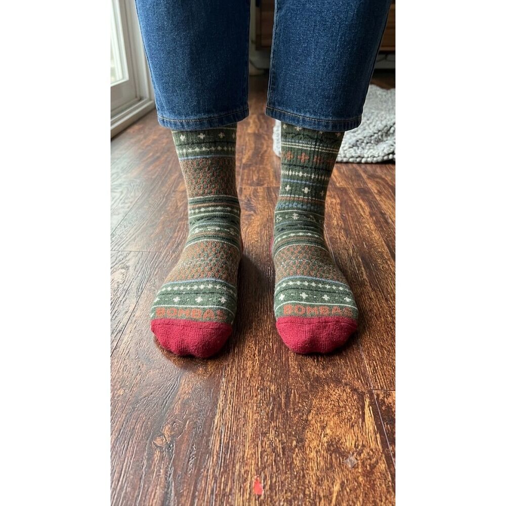 Bombas Fair Isle Merino Wool Blend Crew Socks Green Red Nordic Cottagecore M